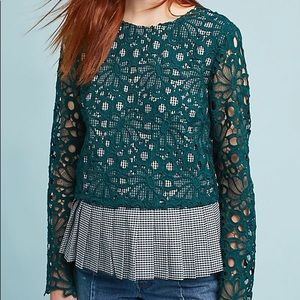 Anthropologie Maeve Green Lace and Gingham Top
